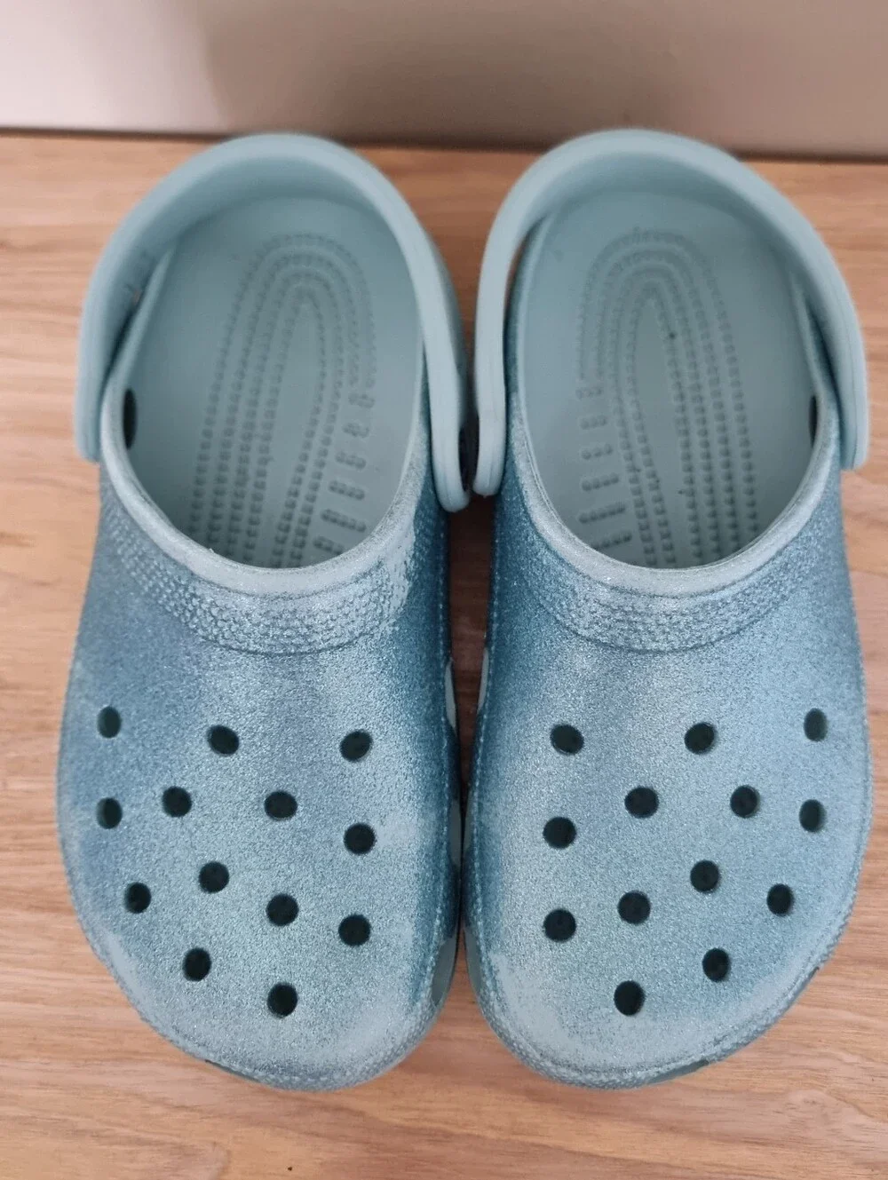 Crocs Kids J5 Classic Glitter Clogs Light Blue Slip-On Clog Shoes